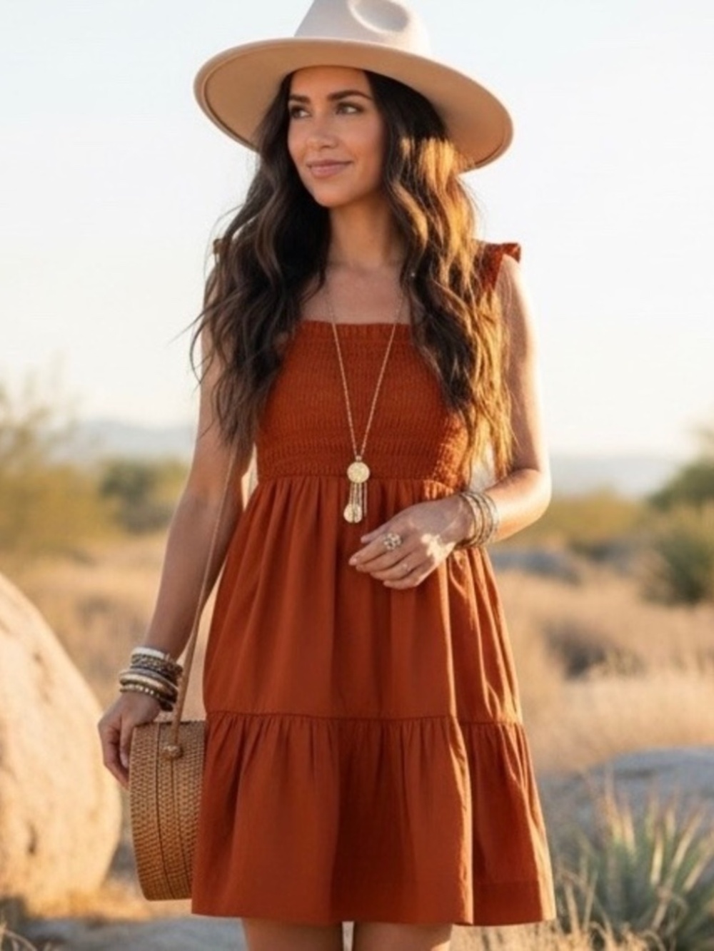 Abercrombie & Fitch Burnt Orange Sundress Smocked Scrunchie Strap 2 Tier Small - Picture 13 of 14